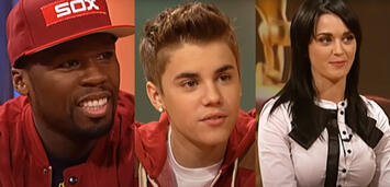 Bild zu:  Bei TV total waren schon wirklich bekannte Promis zu Gast, wie hier 50 Cent, Justin Bieber und Katy Perry.