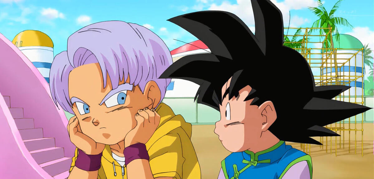 Trunks und Son Goten fragen sich, warum sie nicht dabei sein dürfen