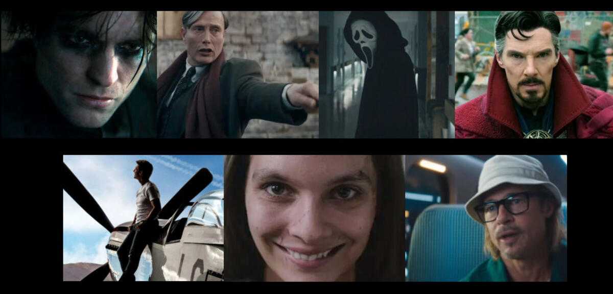 (von oben rechts) The Batman, Phantastische Tierwesen 3, Scream, Doctor Strange 2, Top Gun: Maverick, Smile und Bullet Train